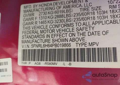 2023 Honda Odyssey Ex-L z USA, uszkodzony, nr VIN 5FNRL6H64PB019866